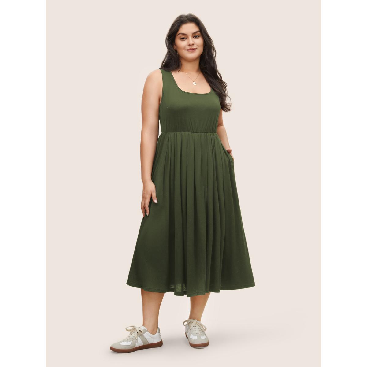 Plus Size Supersoft Essentials Solid Gathered Tank Dress ArmyGreen Women Basics Non U-neck Sleeveless Curvy Midi Dress BloomChic 22-24/3X Product Image