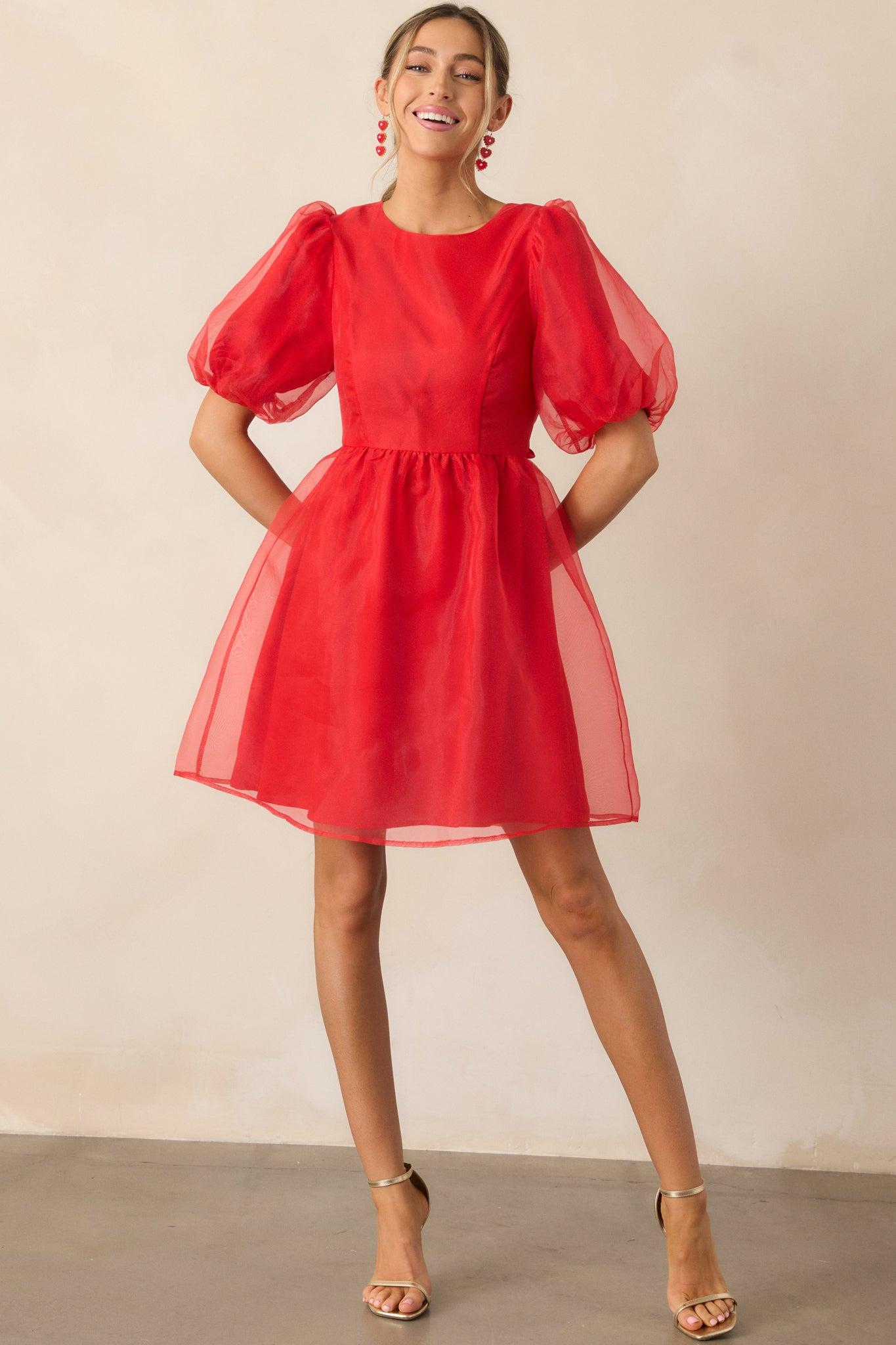 Another Kiss Red Puff Sleeve Mini Dress Product Image
