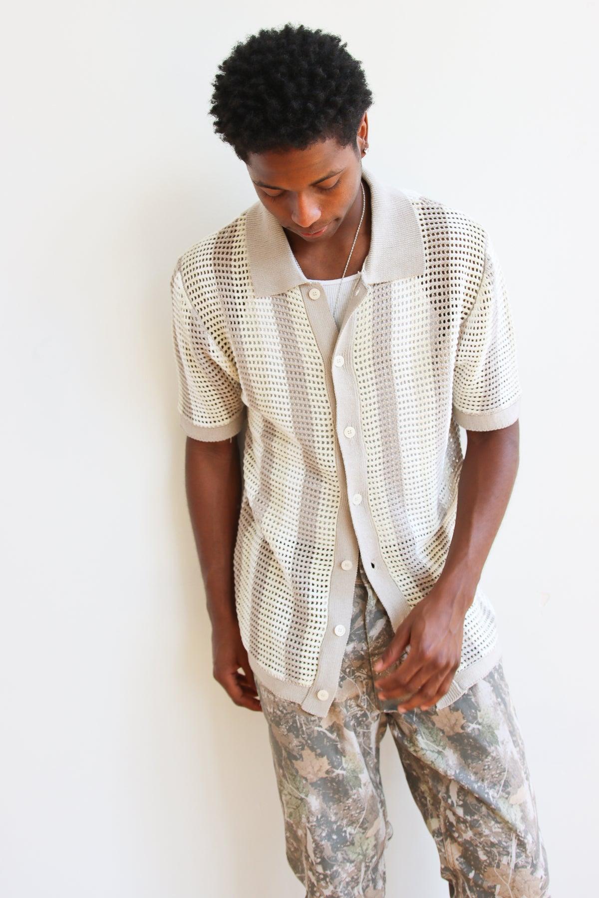 Striped Knit Mesh Button Up Shirt Product Image