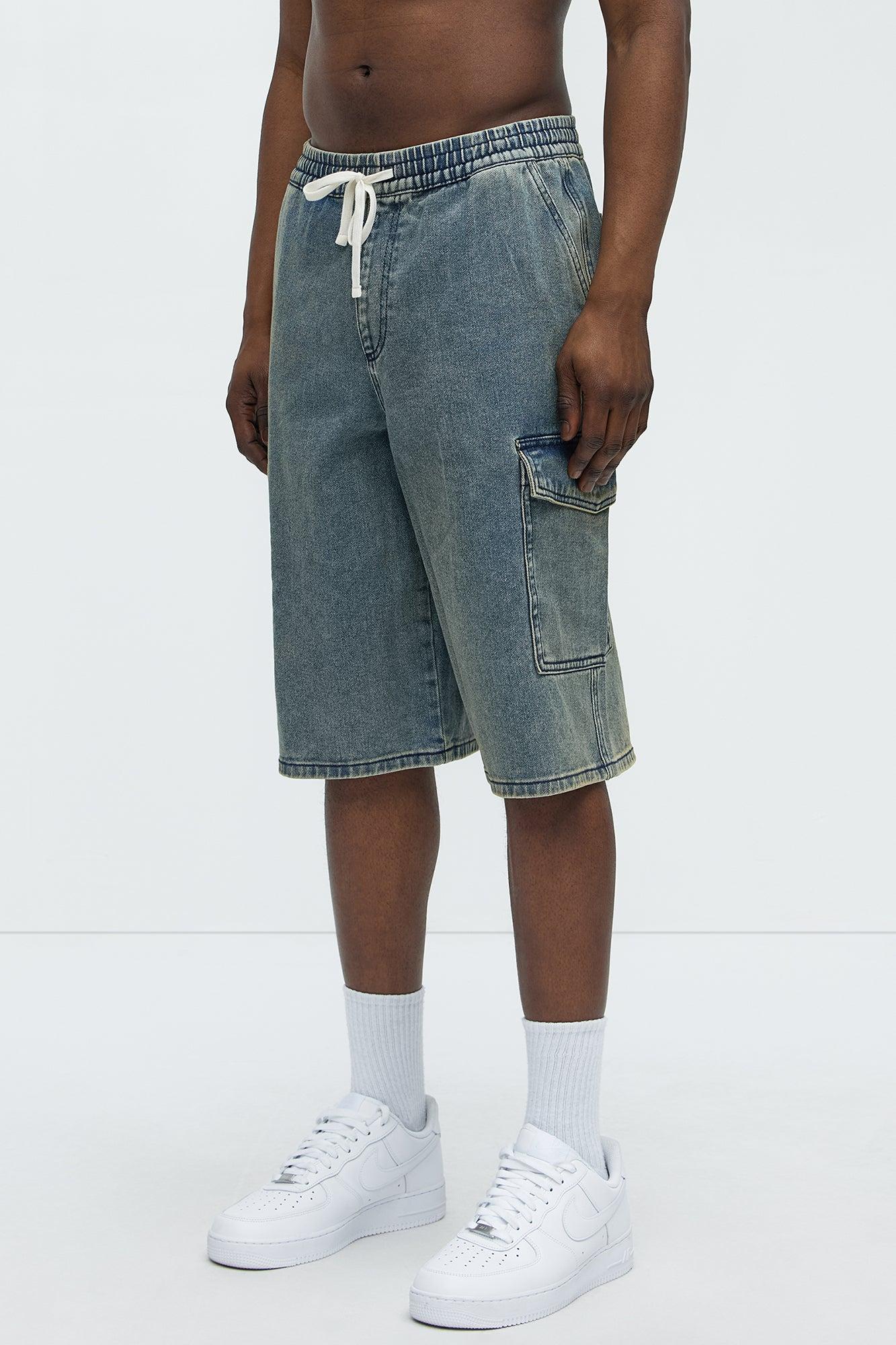 Hit Me With Baggy Cargo Denim Shorts - Vintage Blue Wash Product Image