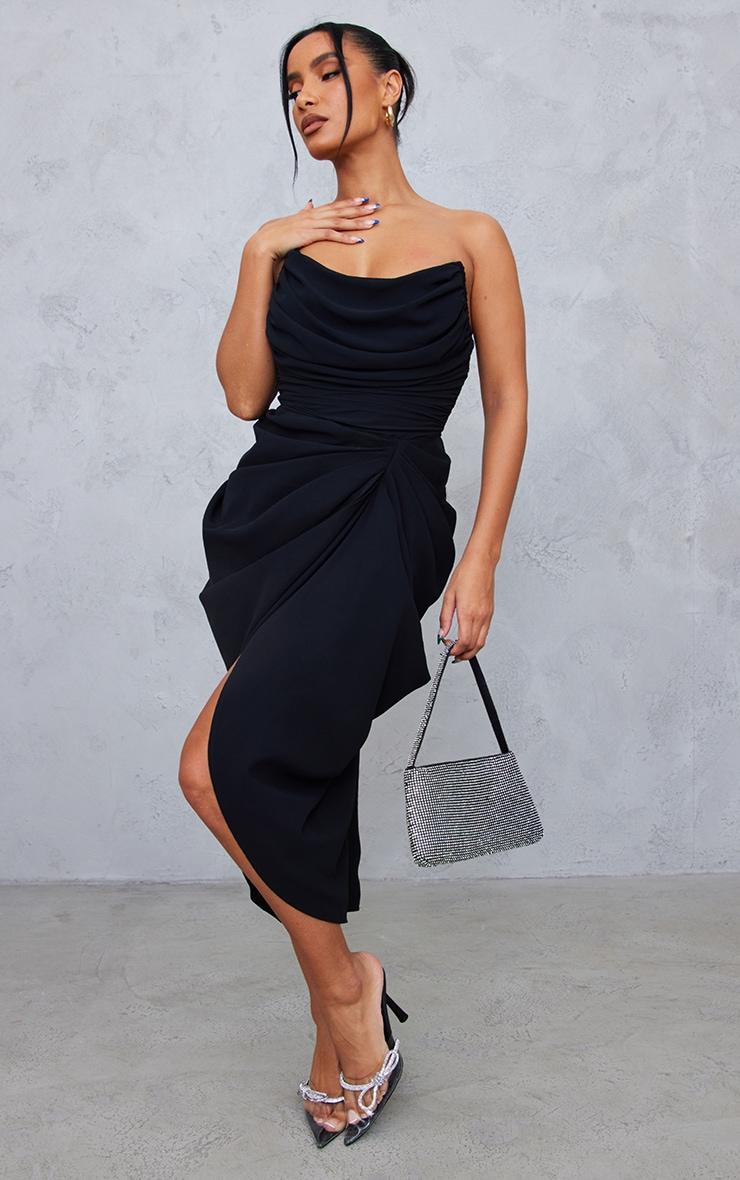 Black Chiffon Corset Bandeau Draped Midi Dress Product Image