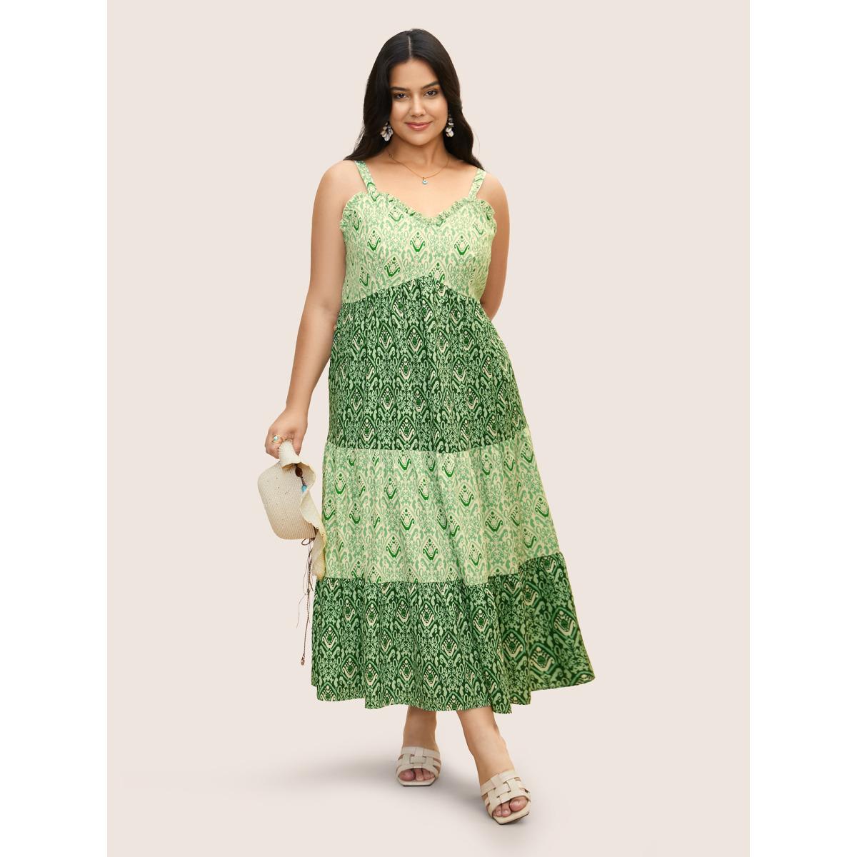 Plus Size Boho Print Frill Trim Ruffle Layered Hem Dress Moss Women Resort V-neck Sleeveless Curvy BloomChic 18-20/2X Product Image