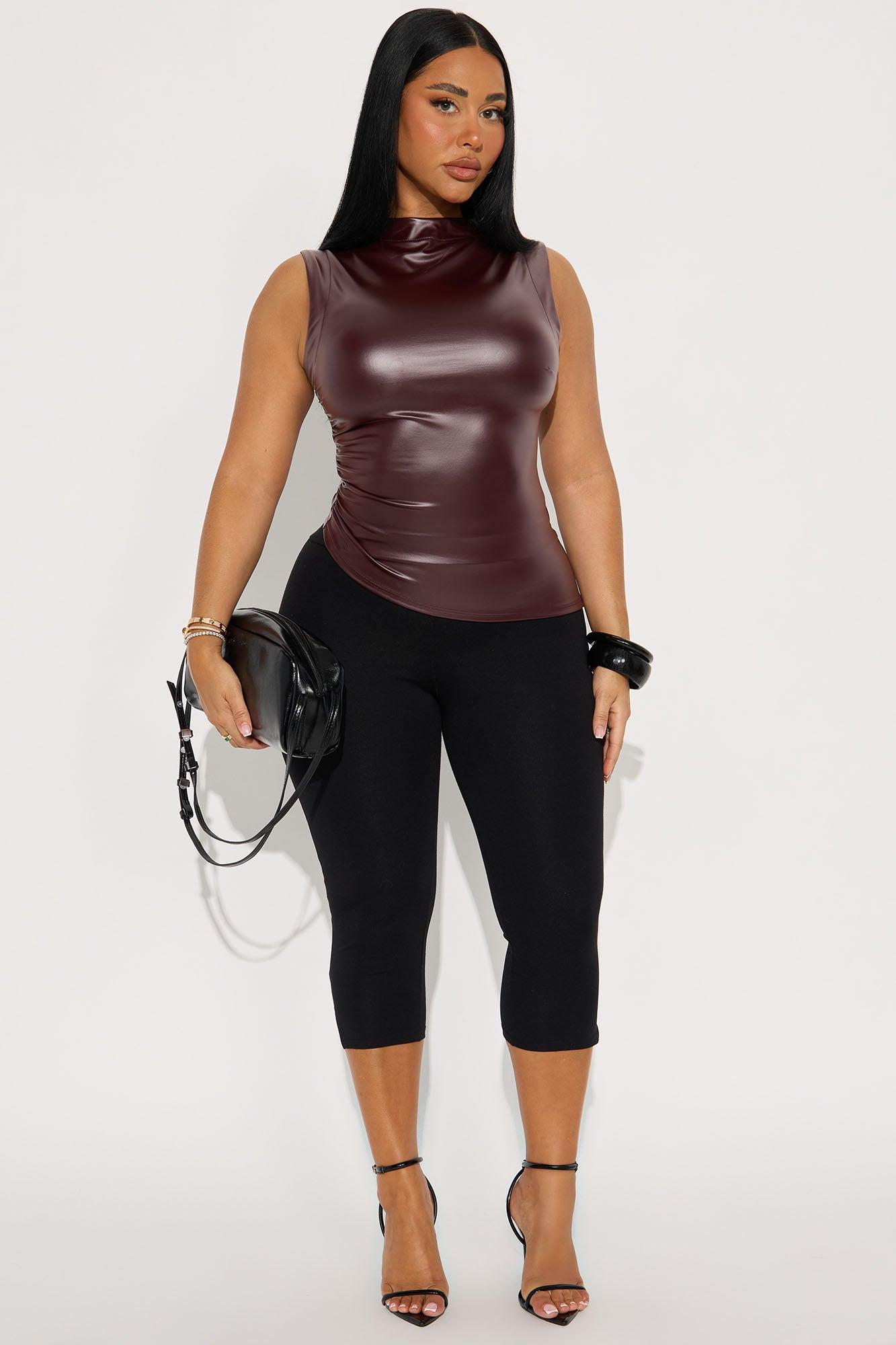 Never Ending Faux Leather Asymmetrical Mock Neck Top - Wine Female Product Image
