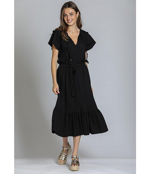 APNY Smocked Tassel V-Neck Short Sleeve A-Line Midi Dress Product Image