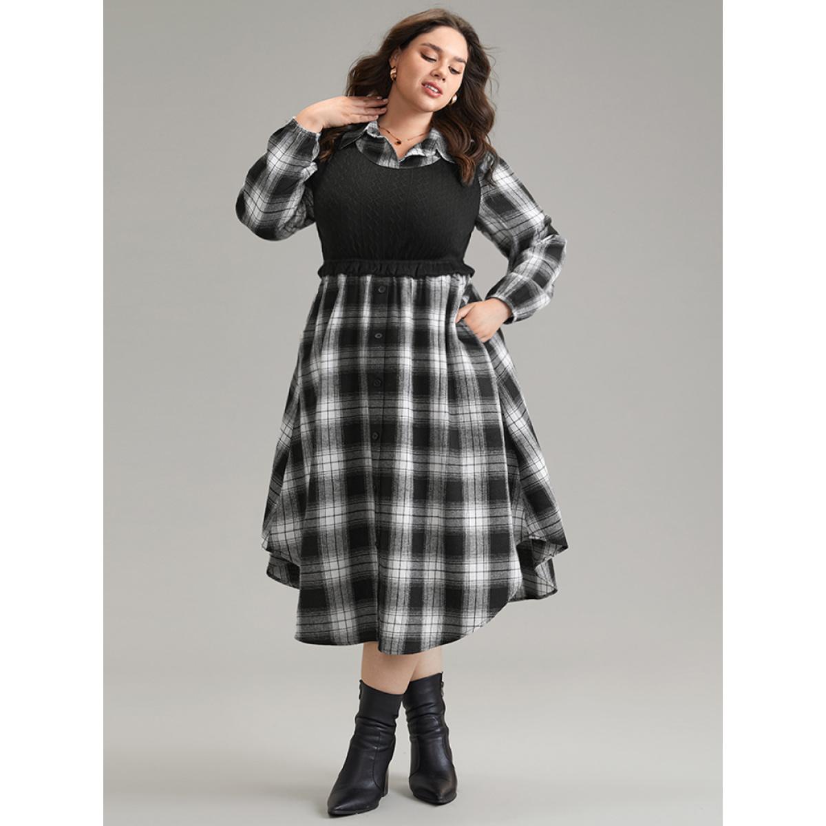 Plus Size Plaid Patchwork Jacquard Button Detail Arc Hem Dress Black Women Casual Elastic cuffs Shirt collar Long Sleeve Curvy Midi Dress BloomChic 18-20/2X Product Image