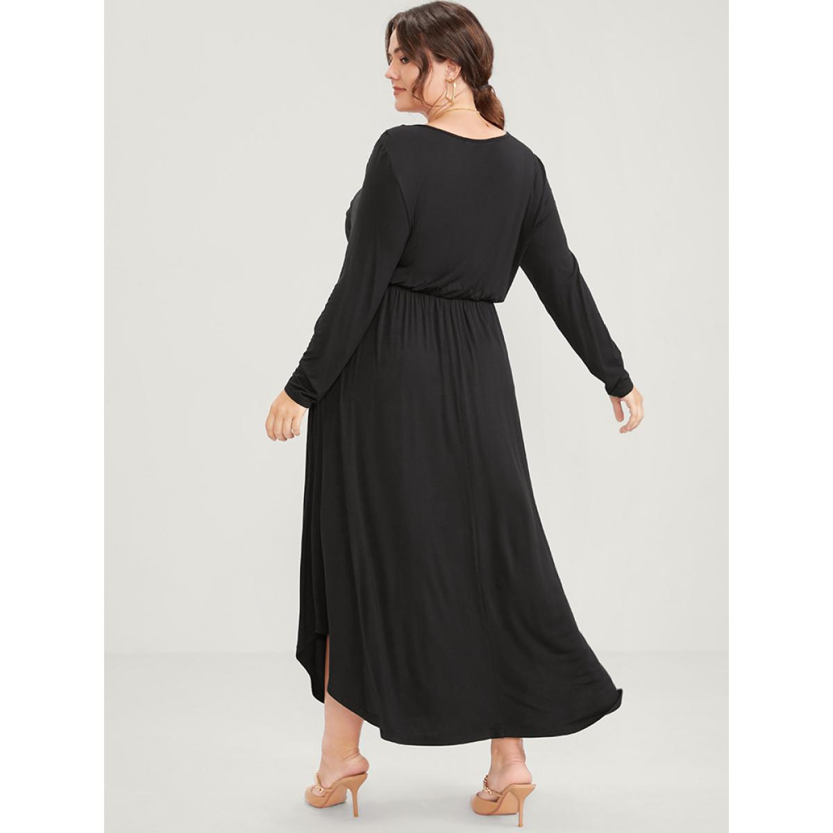 Plus Size Solid Pocket Button Elastic Waist Wrap Arc Hem Dress Black Women Elegant Arc Hem V-neck Long Sleeve Curvy Long Dress BloomChic 22-24/3X Product Image