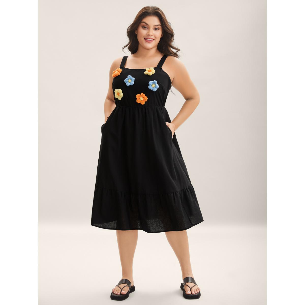 Plus Size Cotton Crochet Floral Stretchy Waist Midi Dress Black Women Non Sleeveless Curvy BloomChic 30/6X Product Image