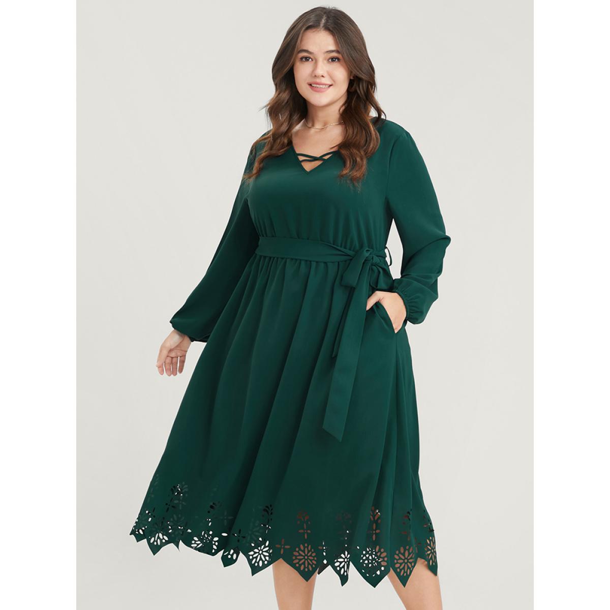 Plus Size Solid Pocket Crisscross V Neck Laser Cut Belted Dress DarkGreen Women Elegant Belted V-neck Long Sleeve Curvy Midi Dress BloomChic 12/L Product Image