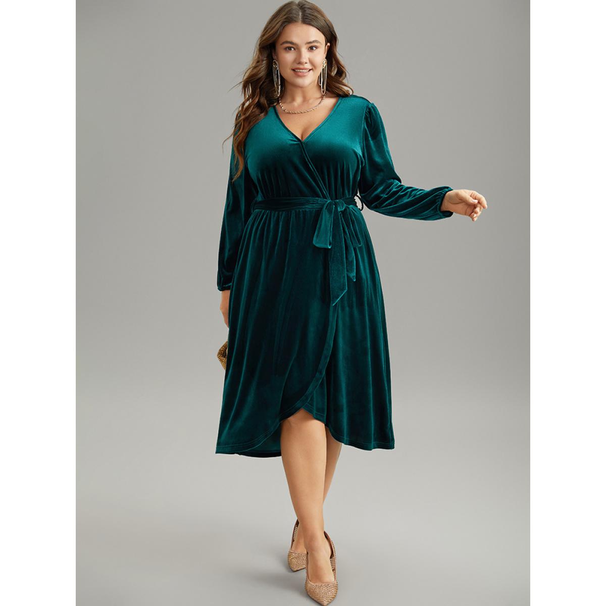 Plus Size Solid Velvet Belted Wrap Arc Hem Dress Cyan Women Timeless Elastic cuffs Overlap Collar Long Sleeve Curvy Midi Dress BloomChic 26/4X Product Image