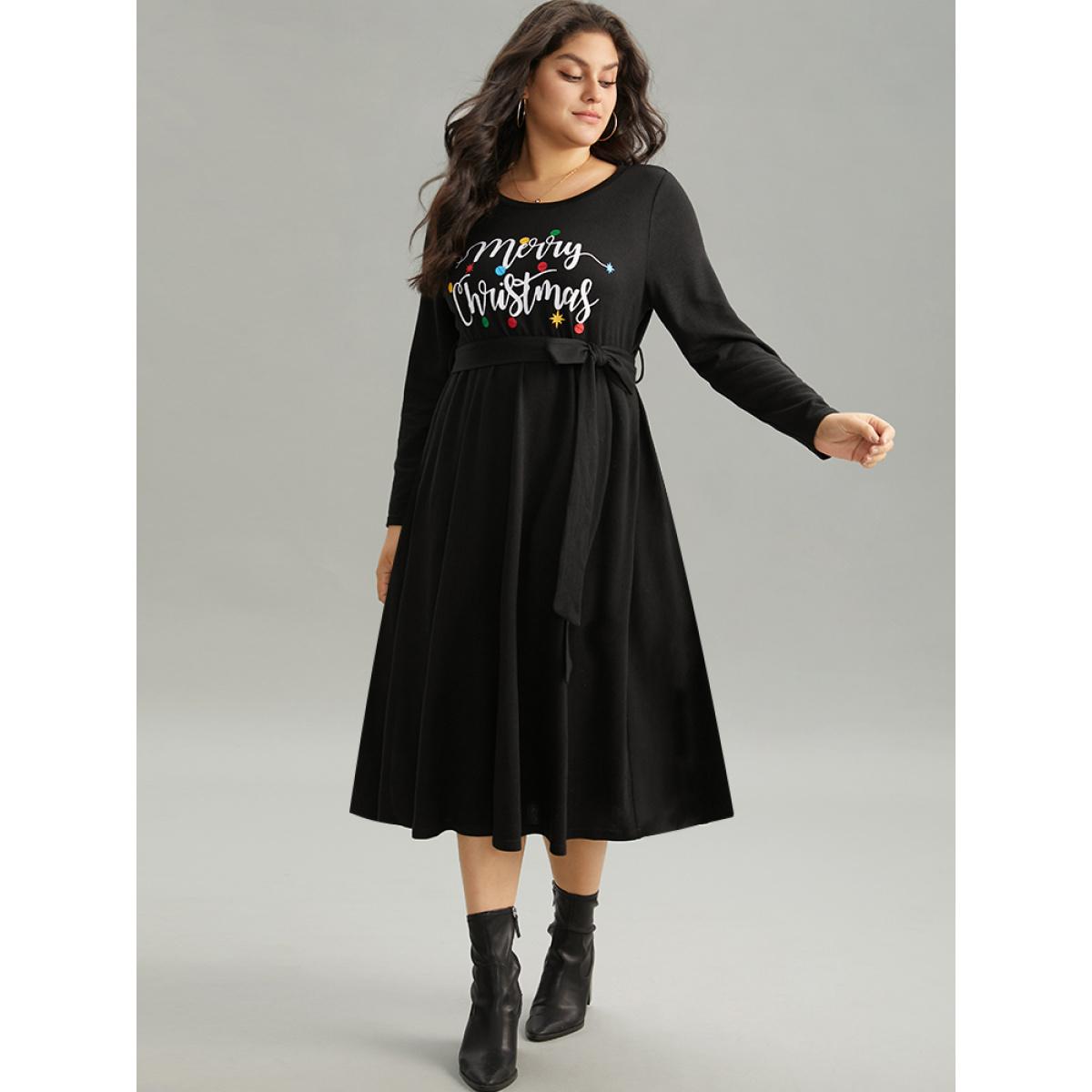 Plus Size Christmas Letter Print Elastic Waist Belted Dress Black Women Office Belted Curvy Midi Dress BloomChic 26/4X Product Image