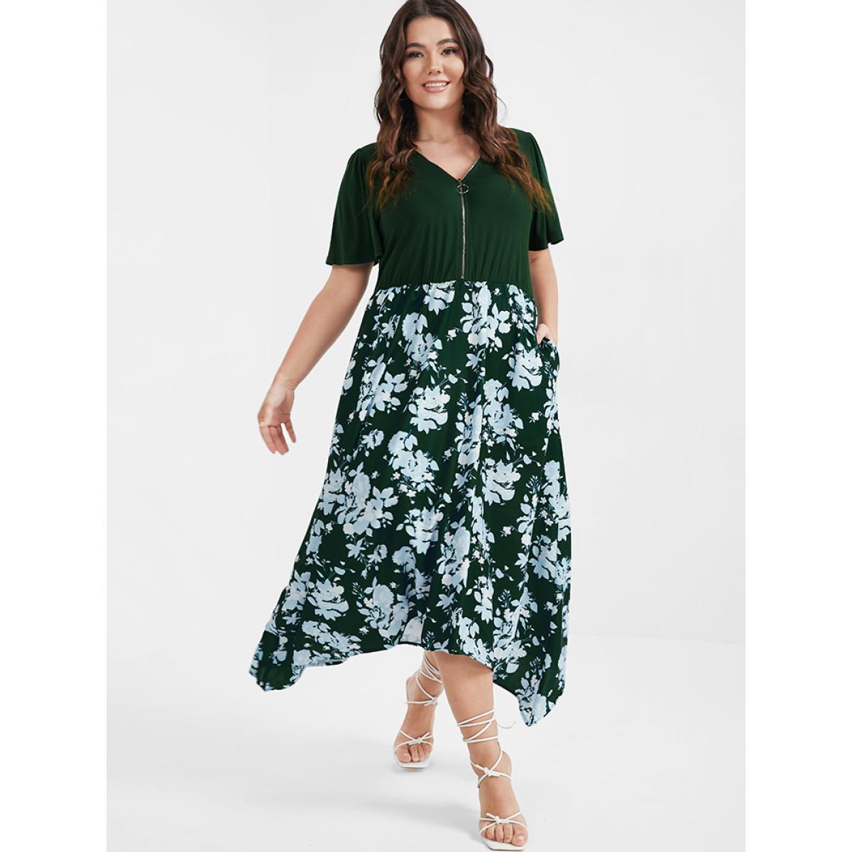 Plus Size Floral Patchwork Zipper Asymmetrical Hem Pocket Midi Dress DarkGreen Women Elegant Patchwork V-neck Short sleeve Curvy Midi Dress BloomChic 26/4X Product Image