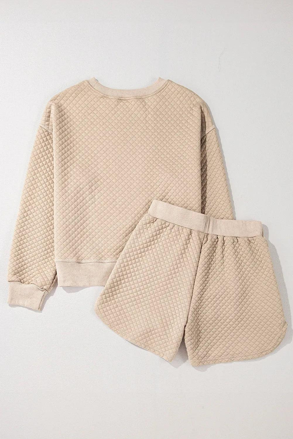 Quilted Round Neck Long Sleeve Top and Shorts Set Product Image