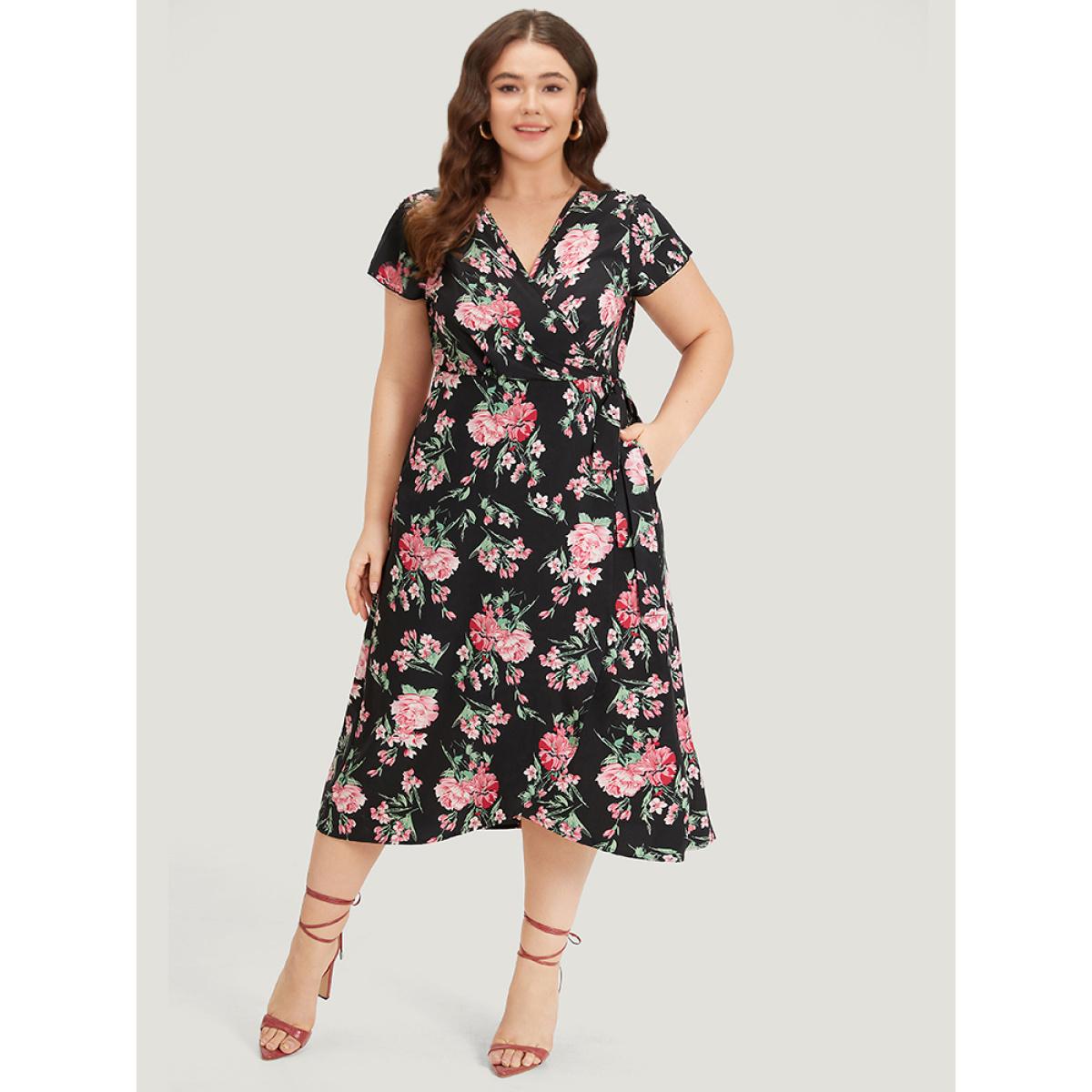 Plus Size Floral Print Wrap Pocket Knot Asymmetrical Hem Dress Black Women Elegant Wrap V-neck Short sleeve Curvy Midi Dress BloomChic 22-24/3X Product Image