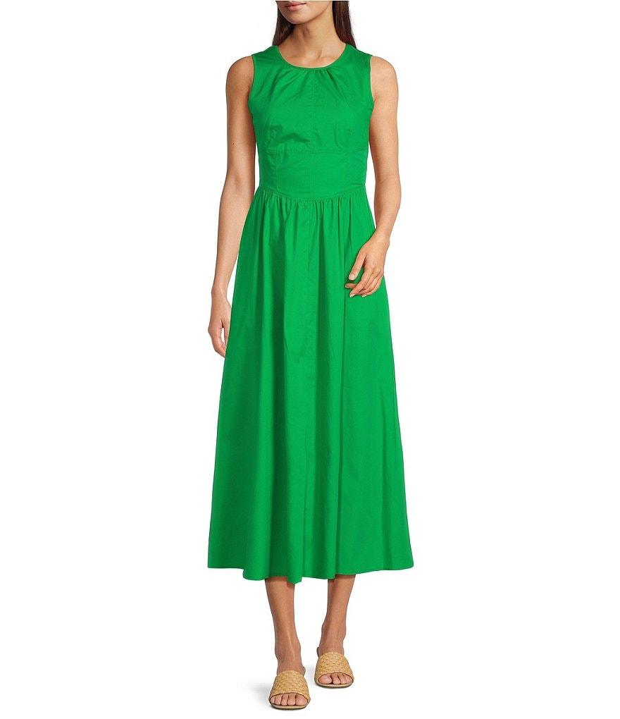 KARL LAGERFELD PARIS Poplin Round Neck Sleeveless A-Line Midi Dress Product Image