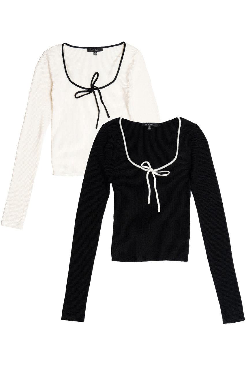 Tie Neck Ribbed Sweater Product Image