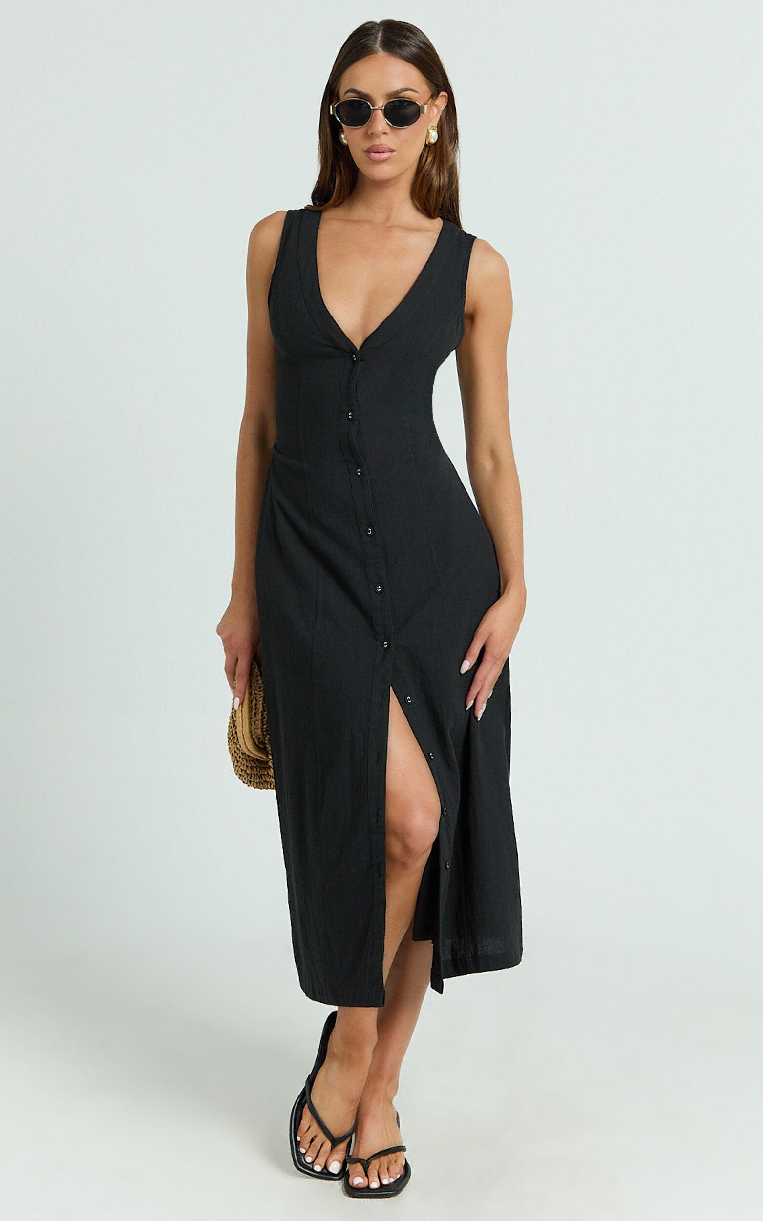 Juliet Midi Dress - Button Through V Neck Dress in Black Product Image
