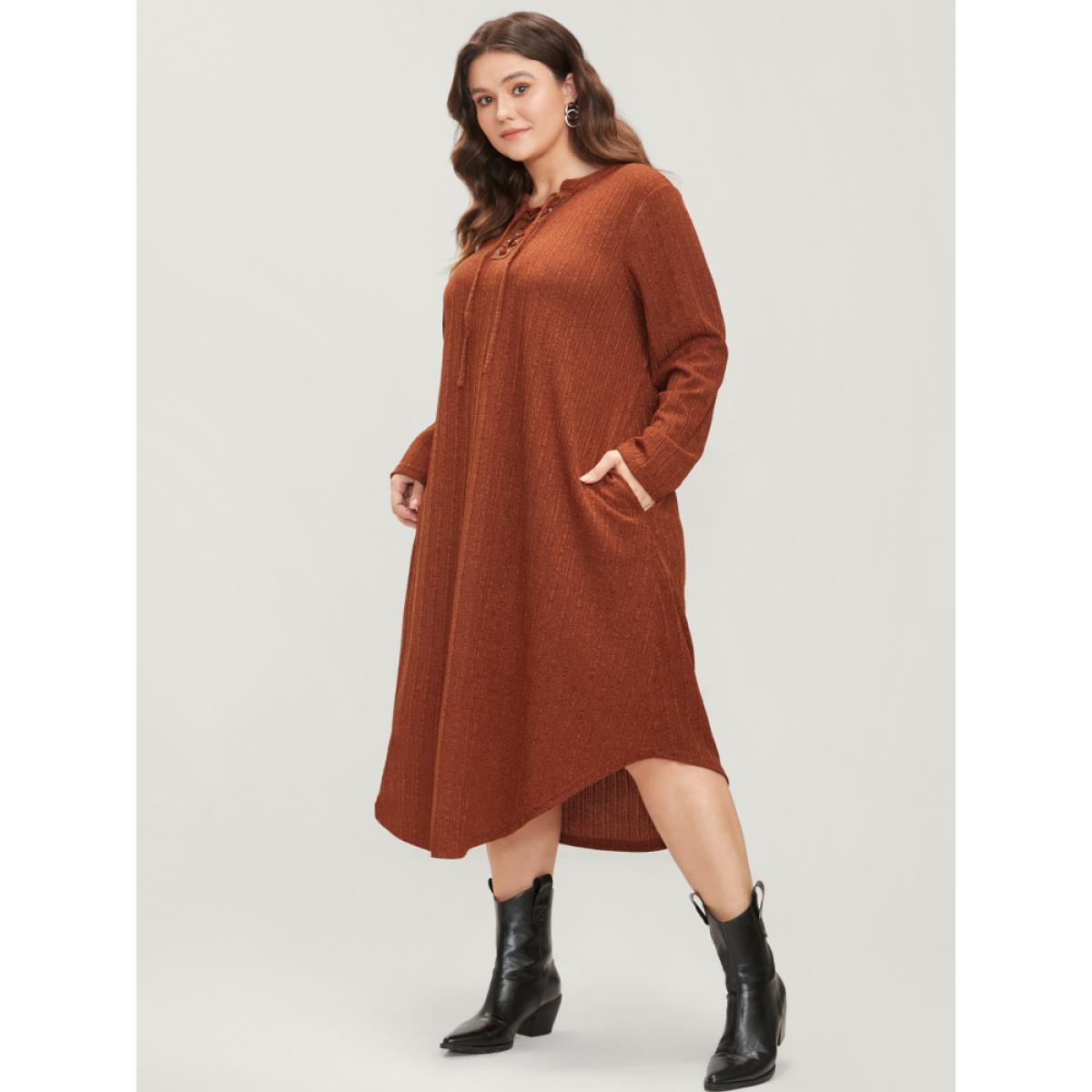 Plus Size Solid Pocket Lace Up Arc Hem Dress Without Belt Rust Women Elegant Cross straps V-neck Long Sleeve Curvy Midi Dress BloomChic 28/5X Product Image
