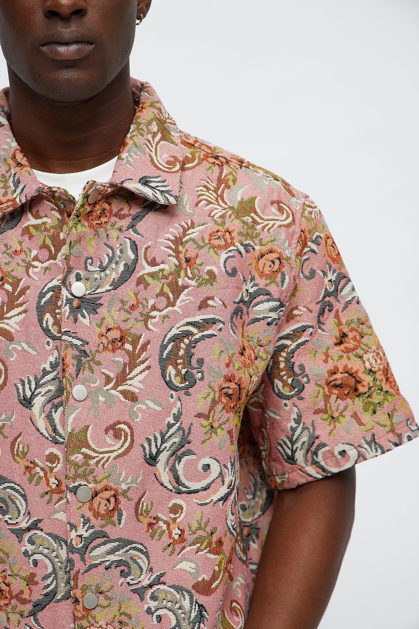 Rose Pattern Tapestry Closed Collar Button Up Shirt - Pink/combo Male Product Image