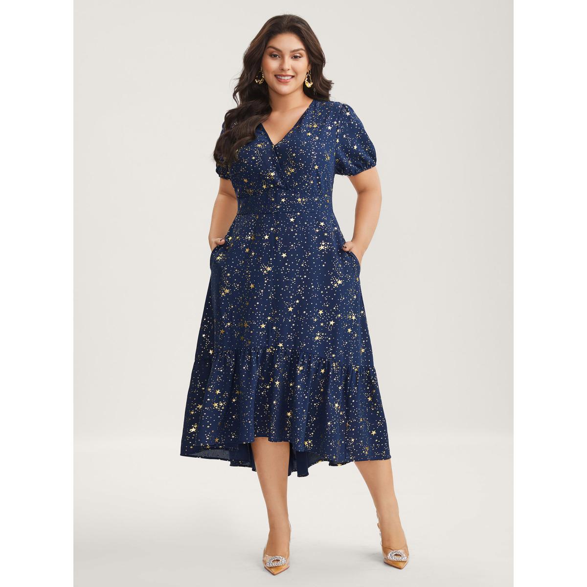 Plus Size Starry Sequins Ruffled Hem Midi Dress Navy Women Party&Cocktail V-neck Short sleeve Curvy BloomChic 30/6X Product Image