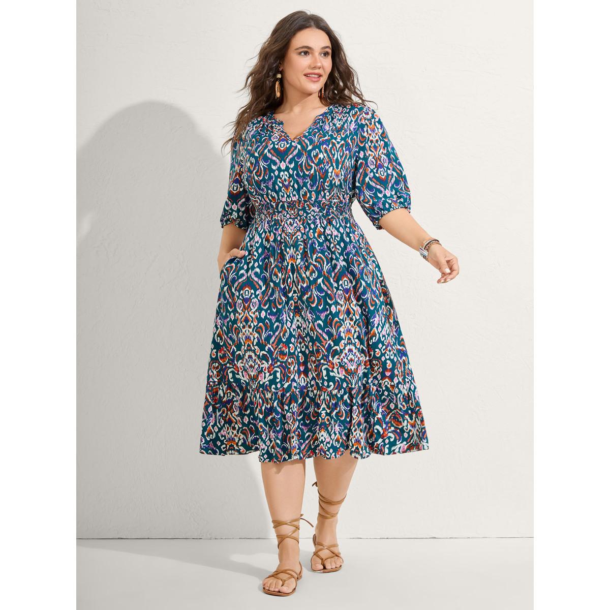 Plus Size Abstract Print Shirred Waist Midi Dress Aegean Women Boho Flat collar with V-notch Half Sleeve Curvy BloomChic 28/5X Product Image