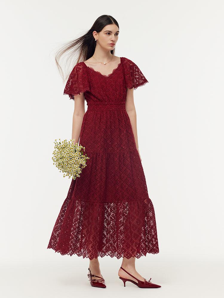 Lace Openwork Gathered Waist Women Tiered Maxi Dress With Scrunchie Product Image
