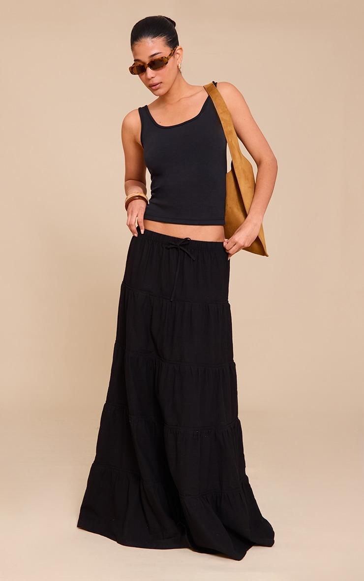 Black Cotton Tiered Drawstring Waist Maxi Skirt Product Image