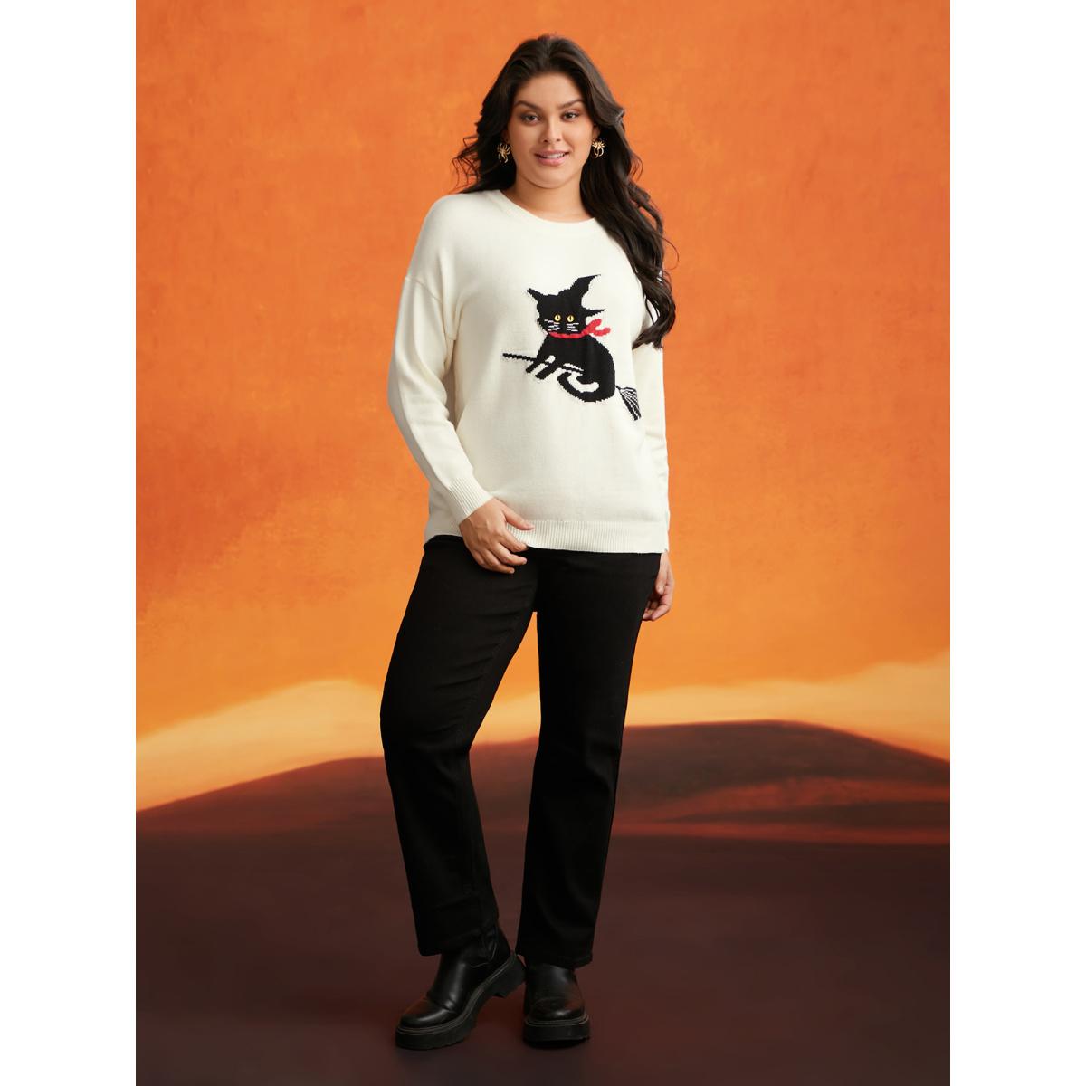 Plus Size Supersoft Essentials Bewitched Cat Crew Neck Pullover Ivory Women Casual Long Sleeve Round Neck Everyday Pullovers BloomChic 30/6X Product Image