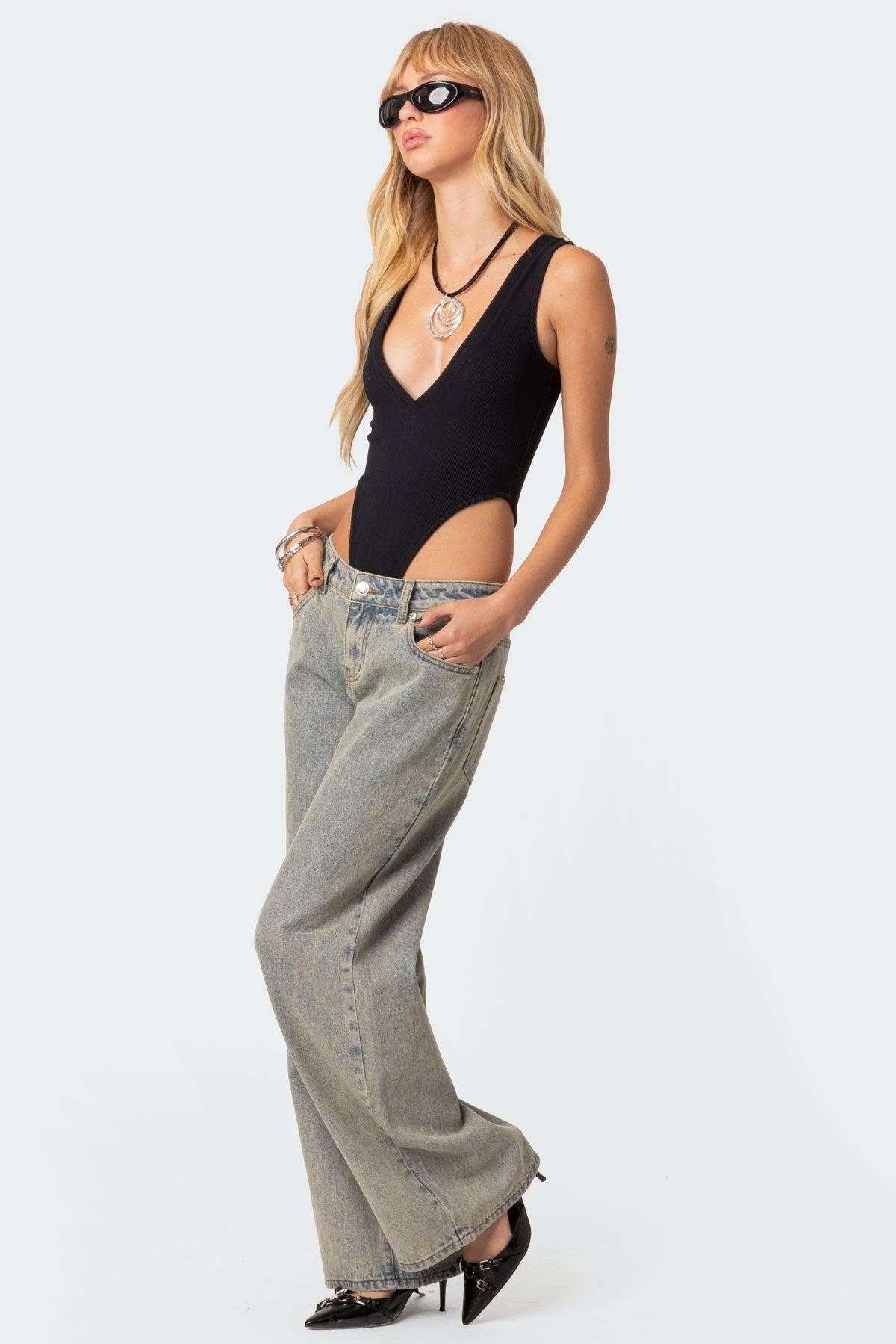 High Cut Ribbed V Neck Bodysuit Product Image