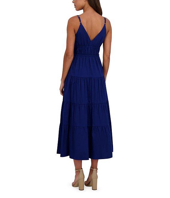 SIENA Solid Stretch Cotton Blend Plunge V-Neck Sleeveless Tiered Hem A-Line Midi Dress Product Image