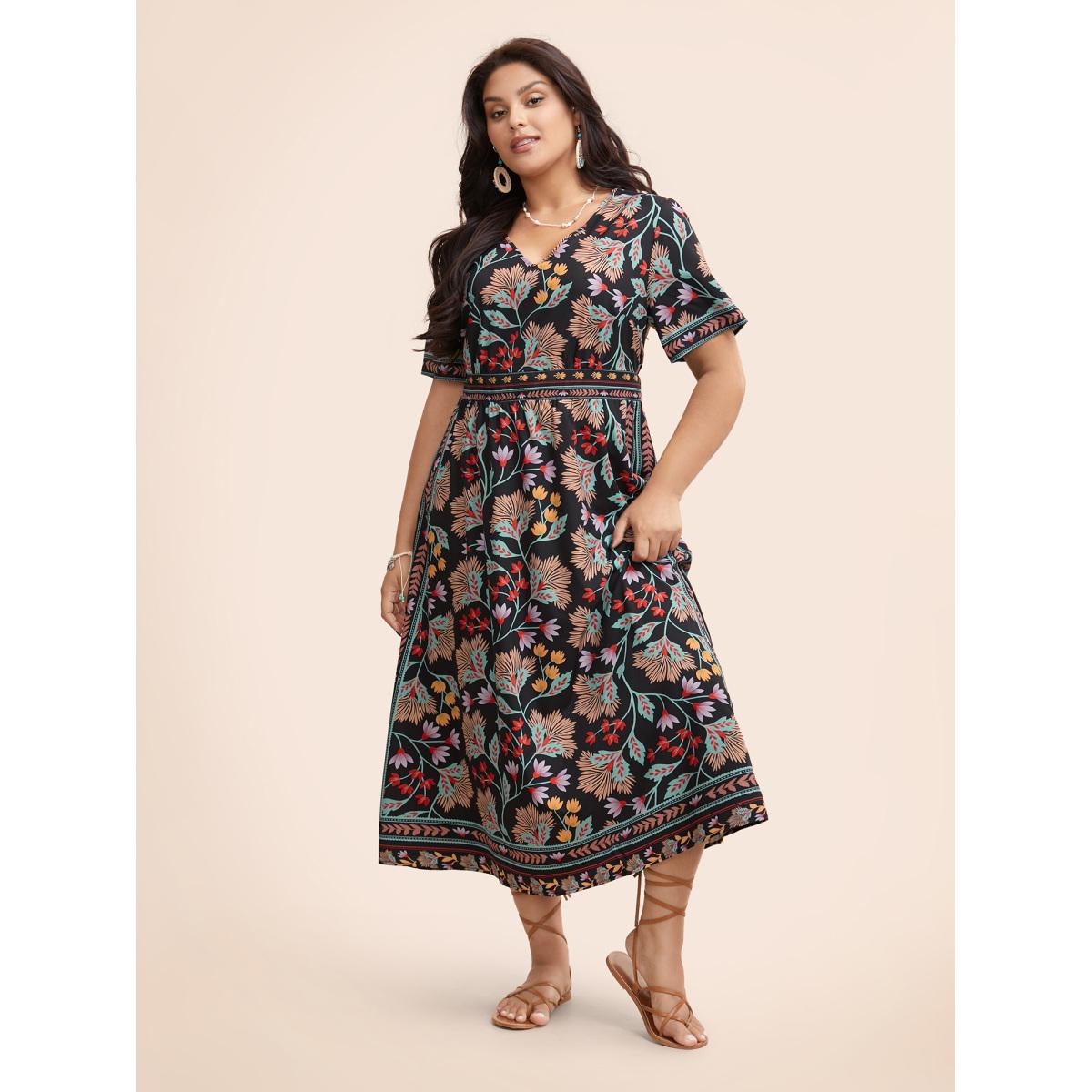 Plus Size Boho Print Shirred Pocket Midi Dress Black Women Boho Shirred V-neck Short sleeve Curvy BloomChic 14-16/1X Product Image