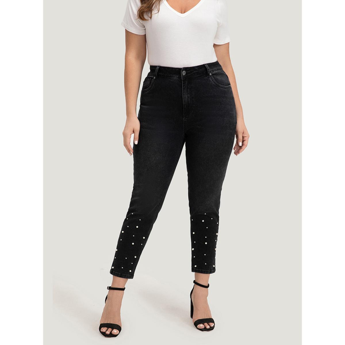 Plus Size Beaded Detail Pocket Very Stretchy Black Wash Jeans Women DimGray Casual Plain Beaded High stretch Pocket Jeans BloomChic 20/2X Product Image