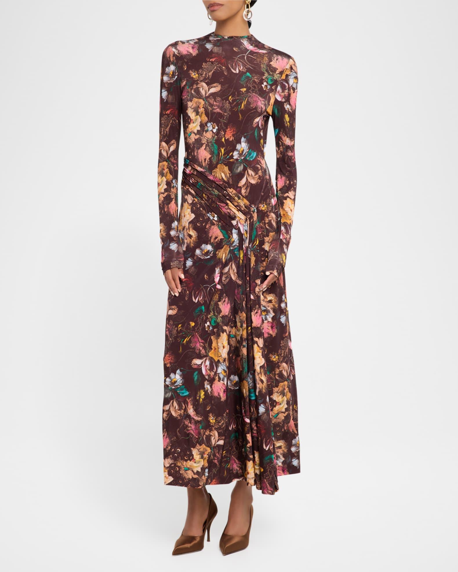 Floral Long-Sleeve Draped Ankle Dress Product Image