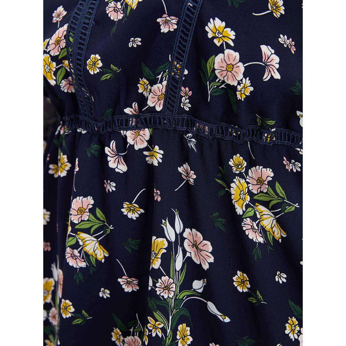 Plus Size Indigo Floral Print V Neck Guipure Lace Mesh Lantern Sleeve Blouse Women Elegant Elbow-length sleeve V-neck Dailywear Blouses BloomChic 28/5X Product Image