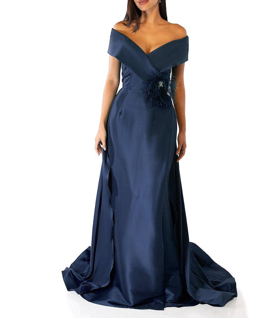 Terani Couture Off-the-Shoulder Cap Sleeve Feather Waist Ball Gown Product Image