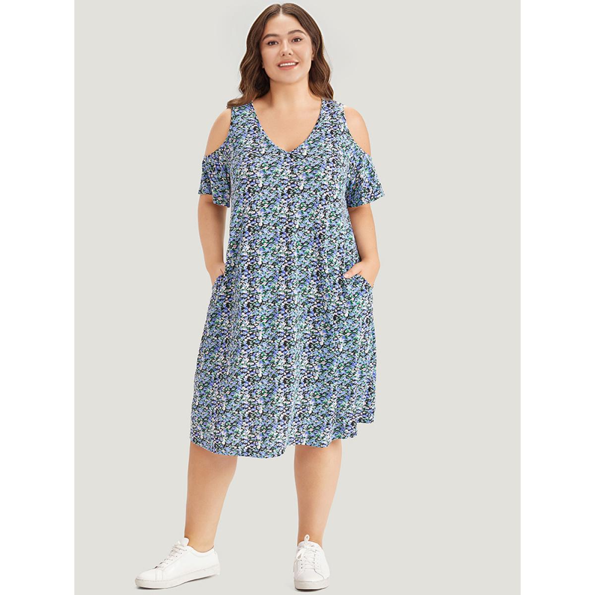 Plus Size Ditsy Floral Pocket Cold Shoulder Dress Blue Women Casual Cut-Out V-neck Short sleeve Curvy Midi Dress BloomChic 26/4X Product Image