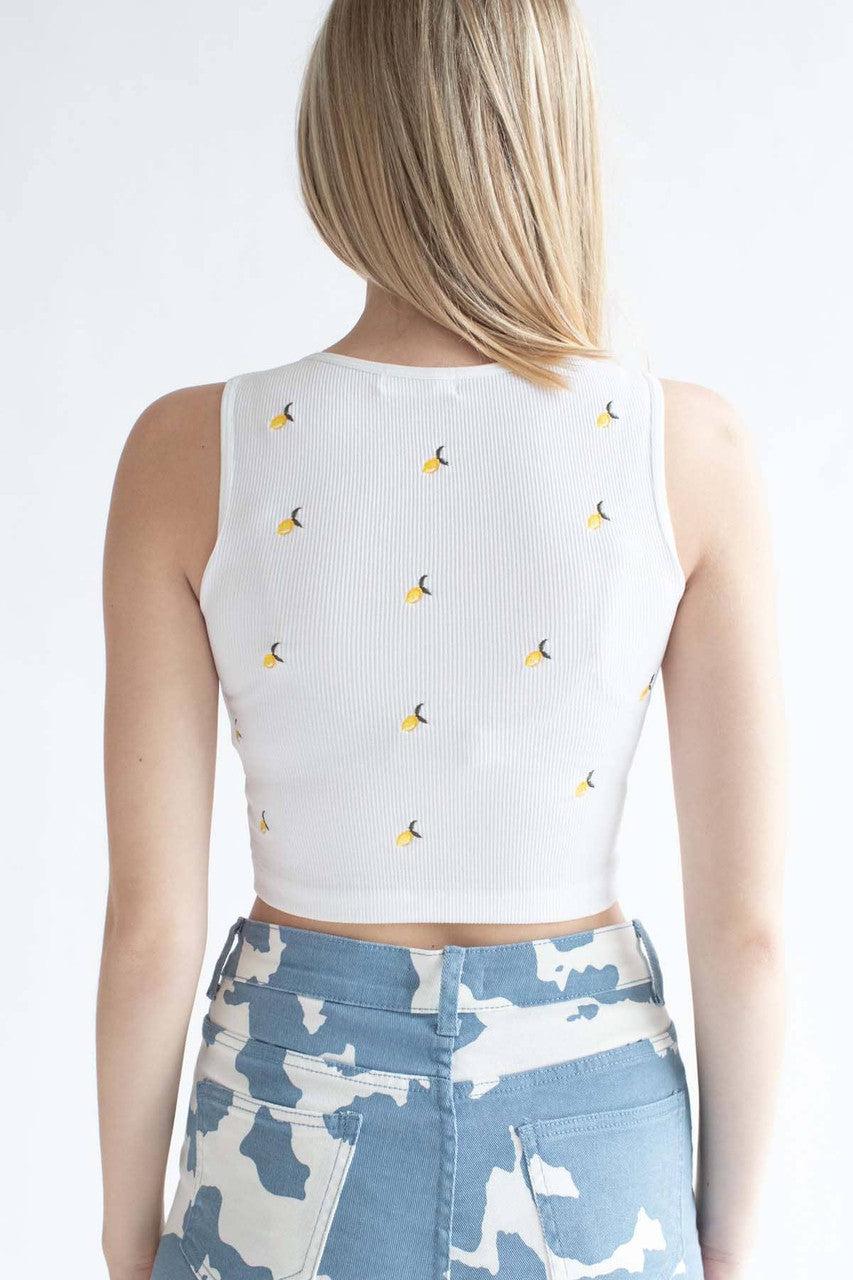 White Embroidered Lemons Seamless Notch Tank Product Image