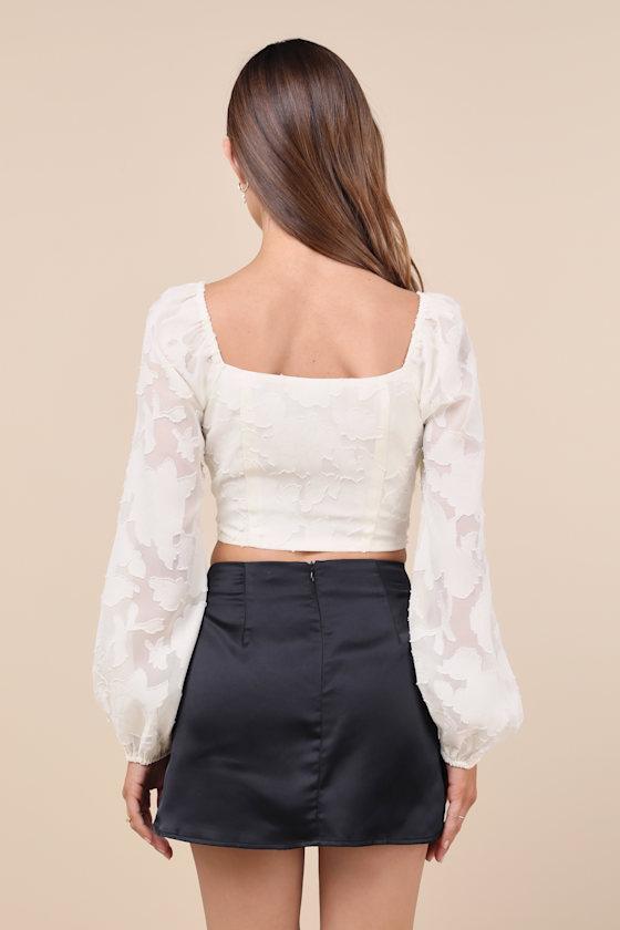 Flirtatious Outlook Ivory Burnout Ribbon Long Sleeve Bustier Top Product Image