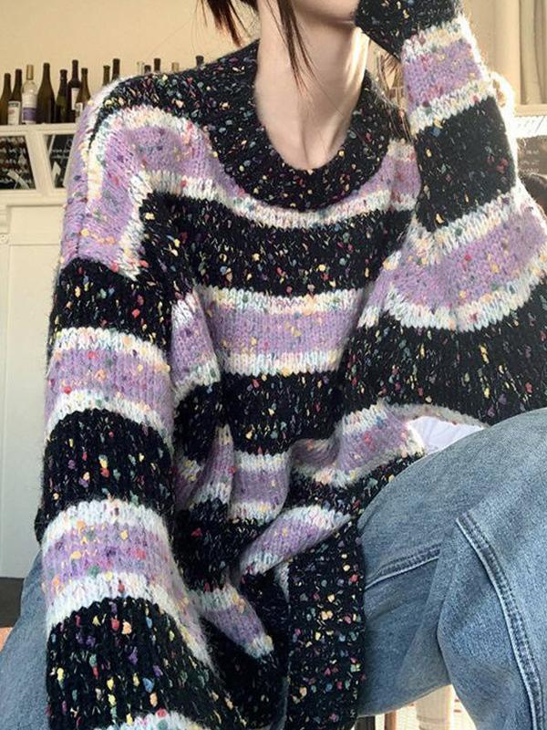 Popcorn Contrast Color Striped Knit Sweater Product Image