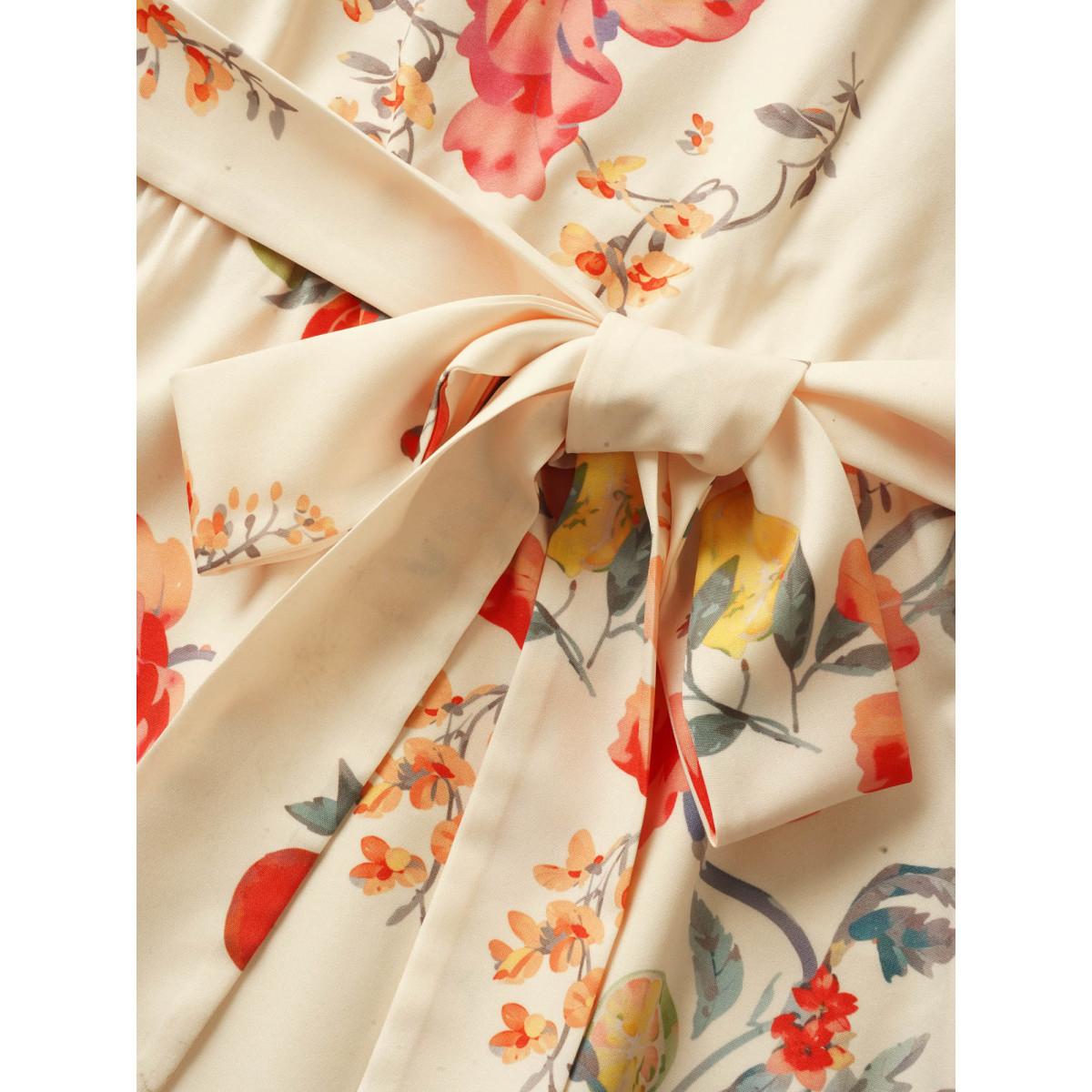 Plus Size Citrus Orange Print Square Neck Ruffles Gathered Dress Apricot Women Elegant Gathered Square Neck Half Sleeve Curvy Midi Dress BloomChic 12/L Product Image