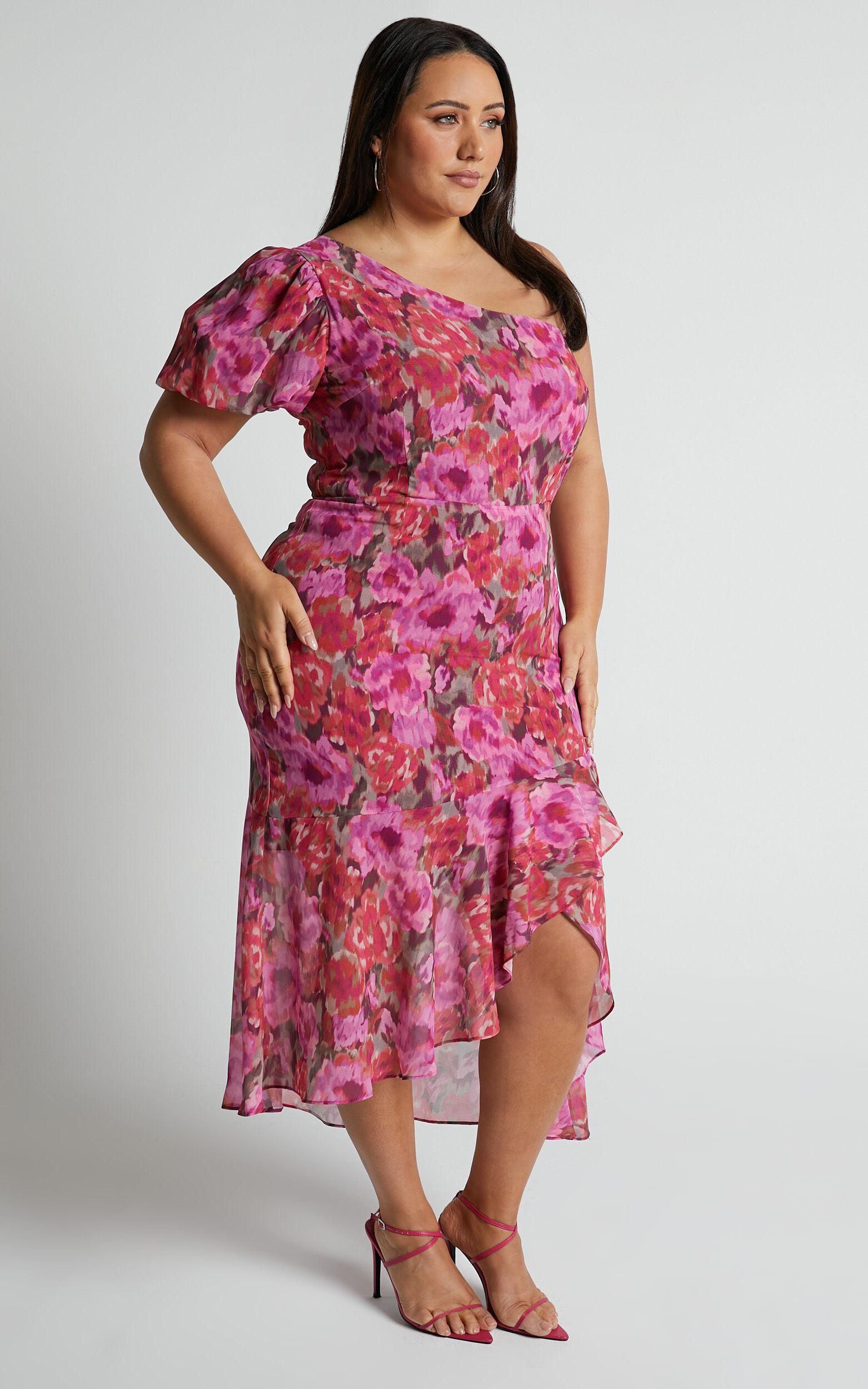 Clabelle Midi Dress - One Shoulder Ruffle Tulip Hem Dress in Violette Blur Floral Product Image