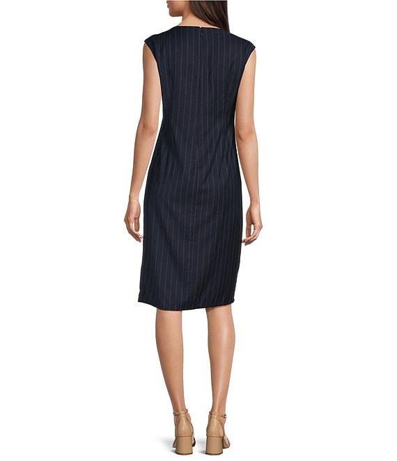 Donna Karan Pinstripe Crew Neck Cap Sleeve O-Ring Ruched Sheath Dress Product Image