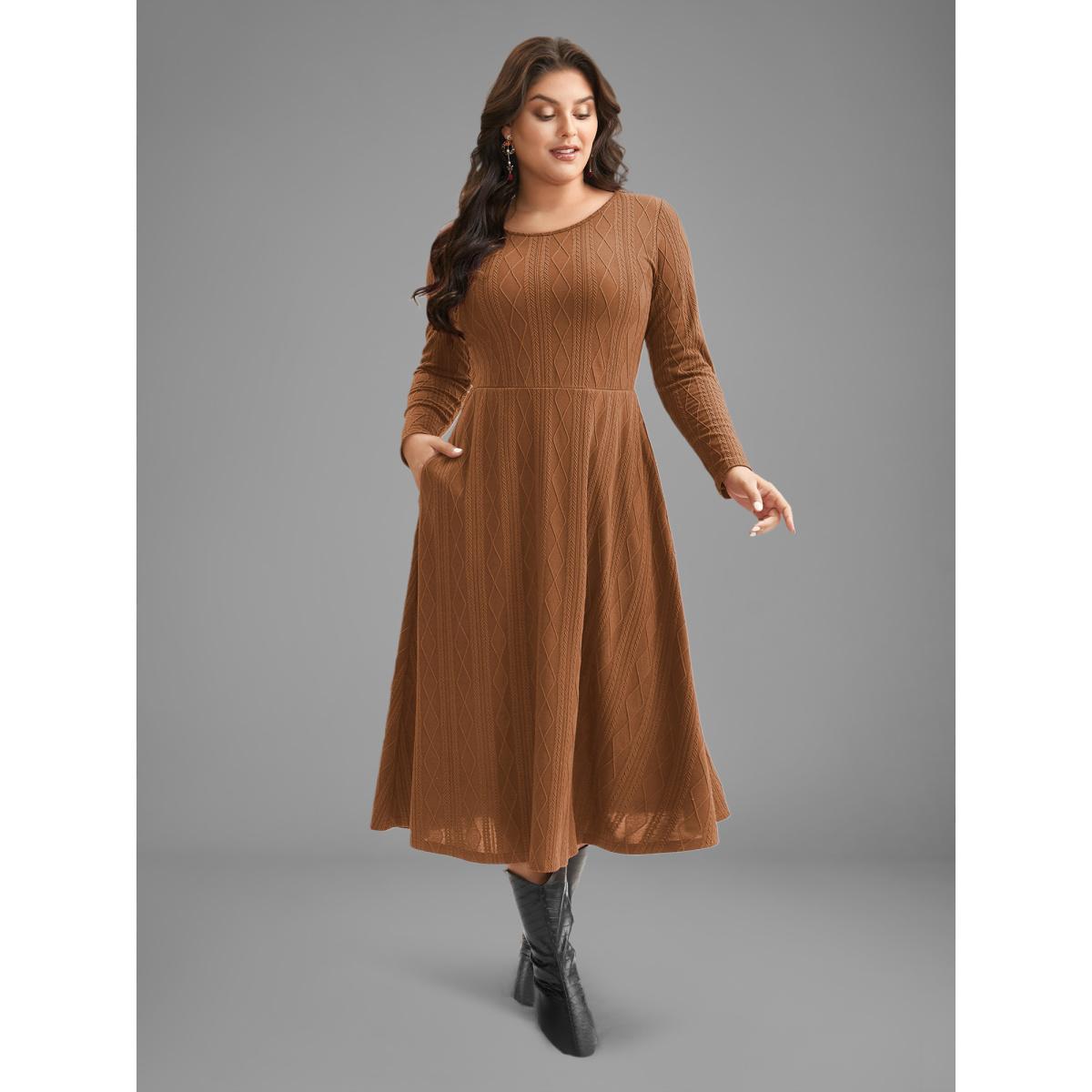 Plus Size Textured Knit Fit-And-Flare Midi Dress Burgundy Women Leisure Texture Round Neck Long Sleeve Curvy BloomChic 26/4X Product Image