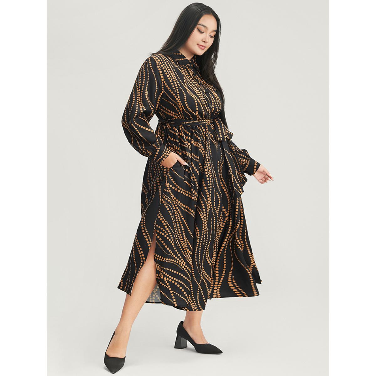 Plus Size Polka Dot Pocket Button Detail Belted Shirt Collar Dress Black Women Office Pocket Shirt collar Long Sleeve Curvy Midi Dress BloomChic 28/5X Product Image