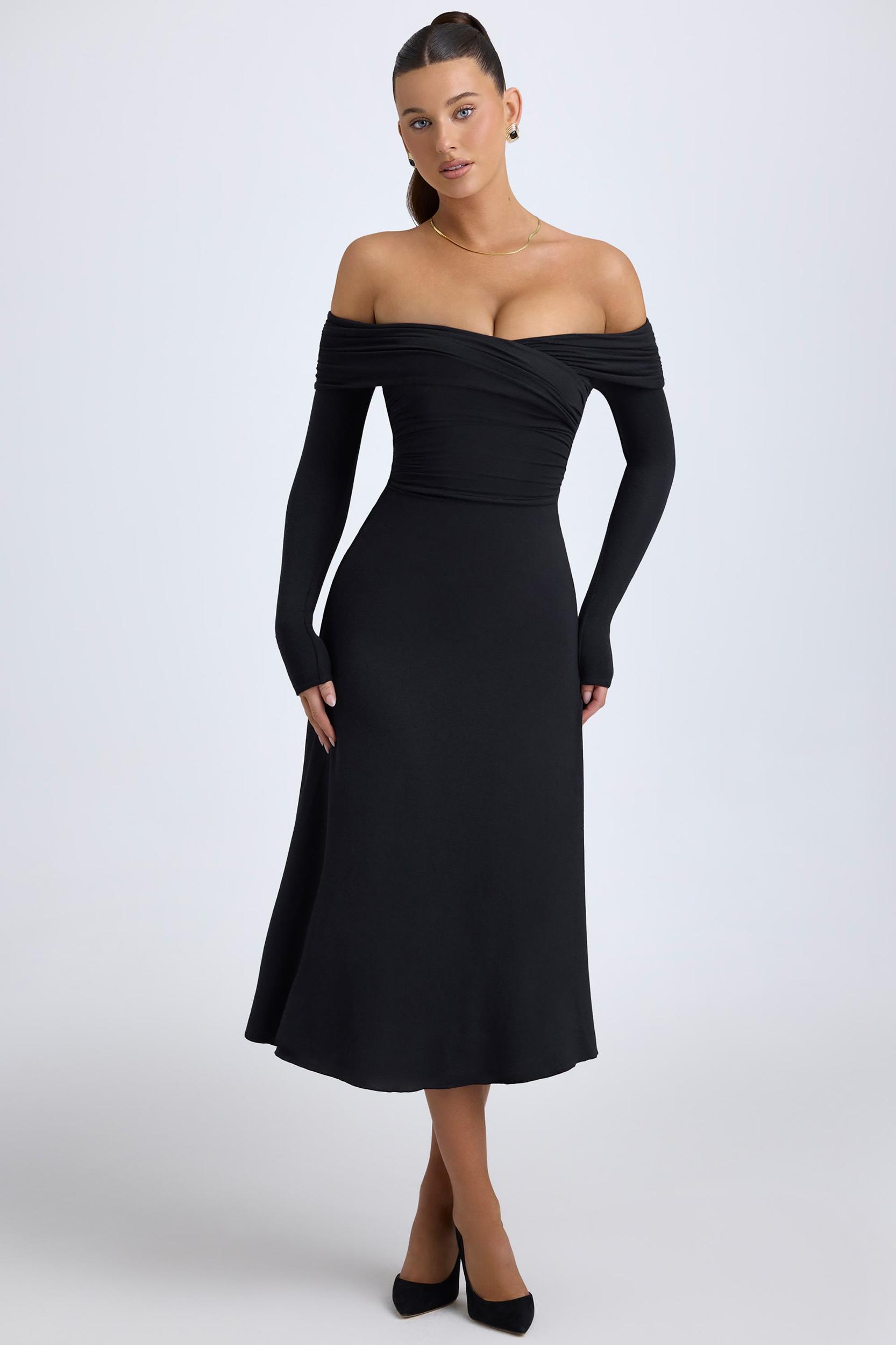 Modal Off-Shoulder Ruched Midaxi Dress in Black Female Product Image