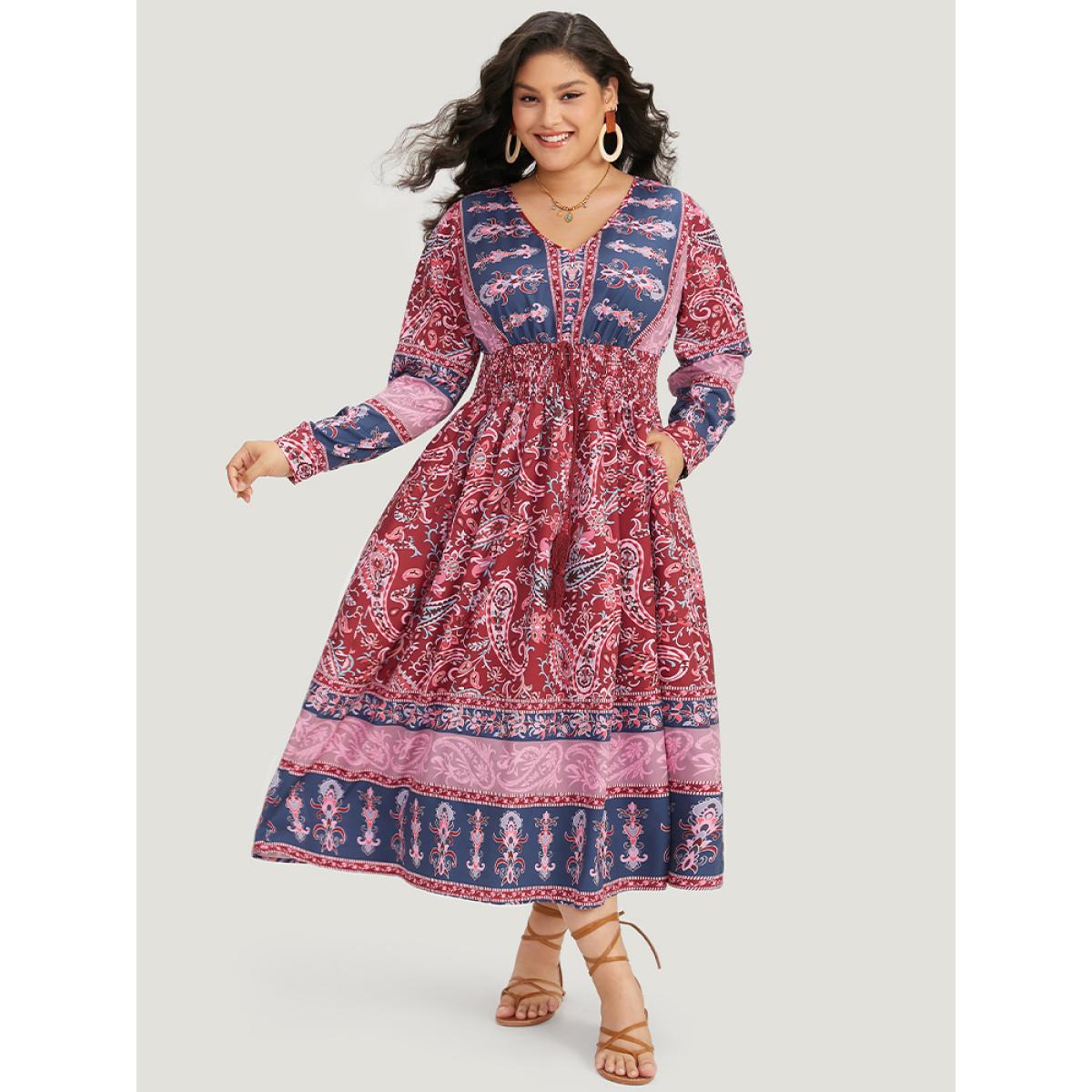 Plus Size Bandana Print Pocket Shirred Bowknot Dress Scarlet Women Vacation Cross straps V-neck Long Sleeve Curvy Midi Dress BloomChic 12/L Product Image