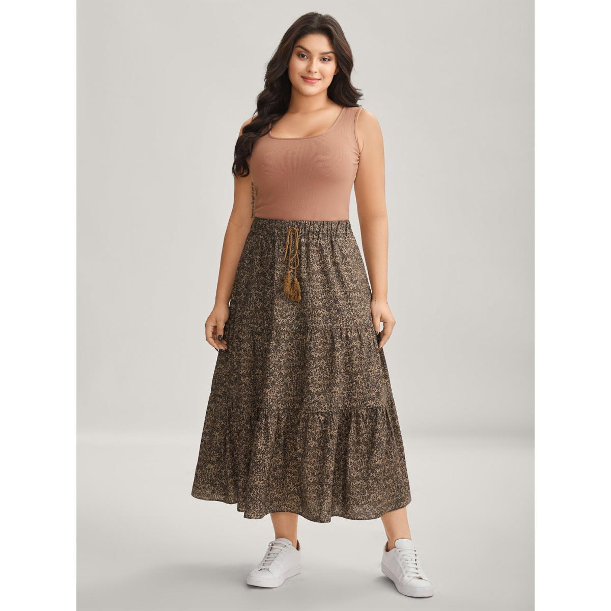 Plus Size Leopard Print Tiered Midi Skirt Women DarkBrown Bodycon High stretch Side seam pocket Casual Skirts BloomChic 12/L Product Image