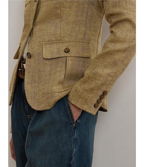 Lauren Ralph Lauren Petite Size Herringbone Linen Band Collar Long Sleeve Button Front Jacket Product Image