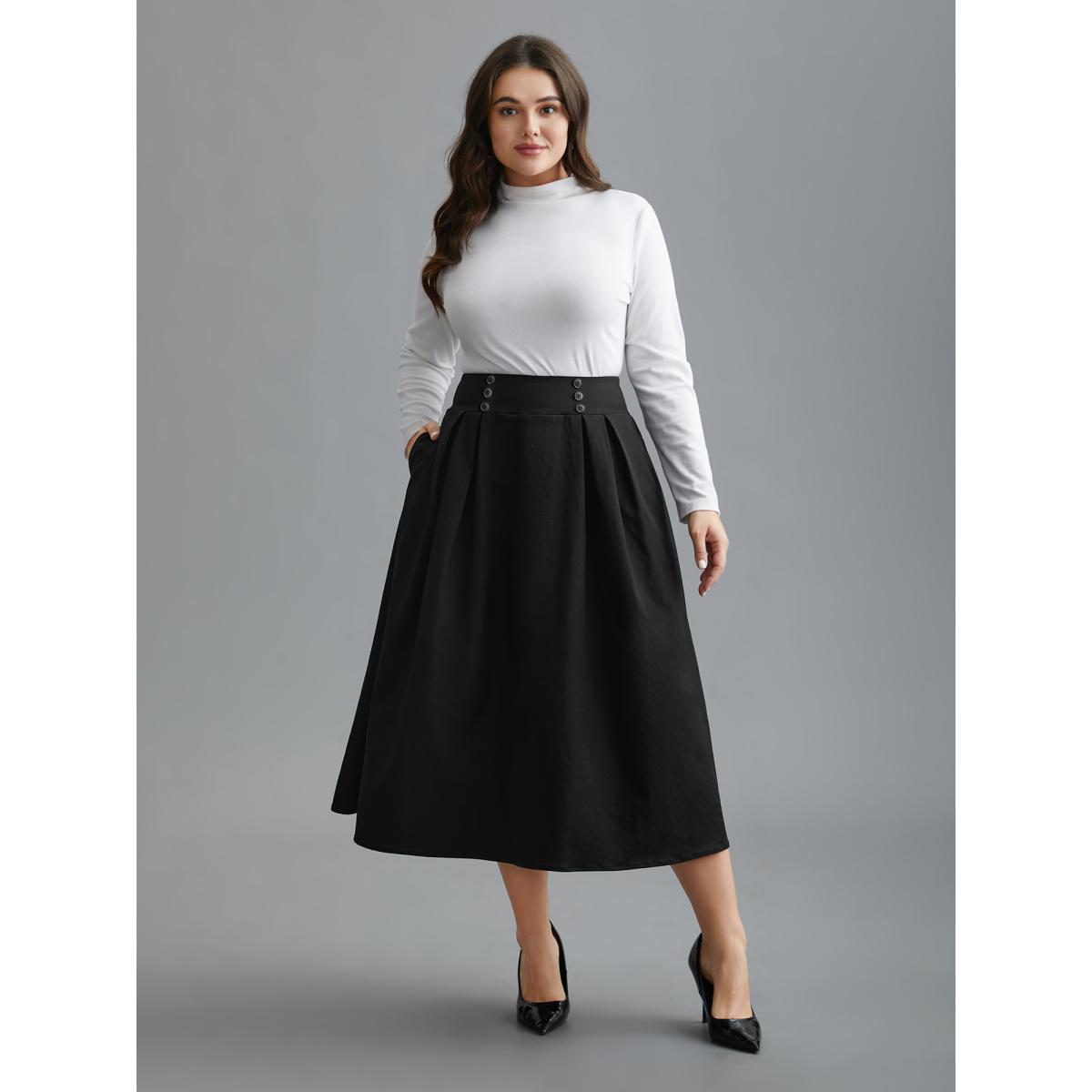 Plus Size Elastic Waist Fastener Pleated Skirt Women Black Elegant Button Low stretch Slanted pocket Everyday Skirts BloomChic 14-16/1X Product Image