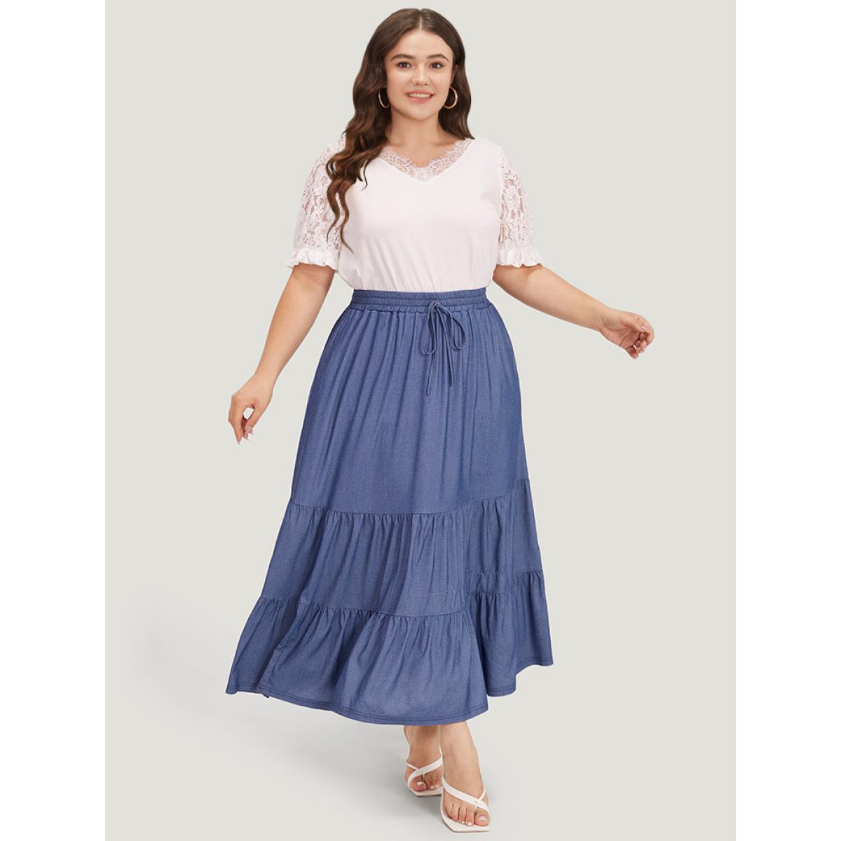 Plus Size Plain Ties Gathered Ruffle Layered Hem Skirt Women Indigo Elegant Plain No stretch Pocket Dailywear Skirts BloomChic 22-24/3X Product Image