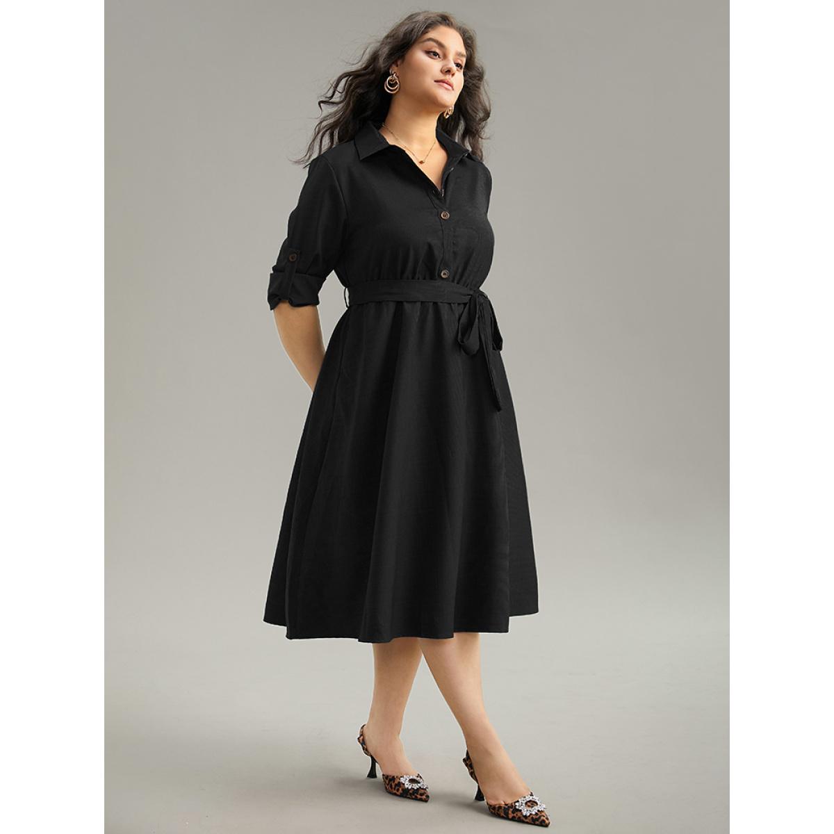 Plus Size Static-Free solid Belted Tab Sleeve Dress Black Women Office Plain Shirt collar Long Sleeve Curvy Midi Dress BloomChic 30/6X Product Image